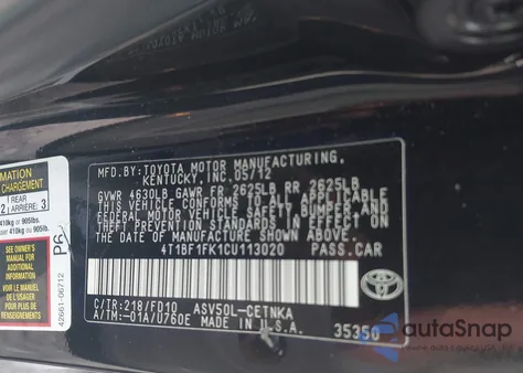 2012 Toyota Camry Le z USA, uszkodzony, nr VIN 4T1BF1FK1CU113020